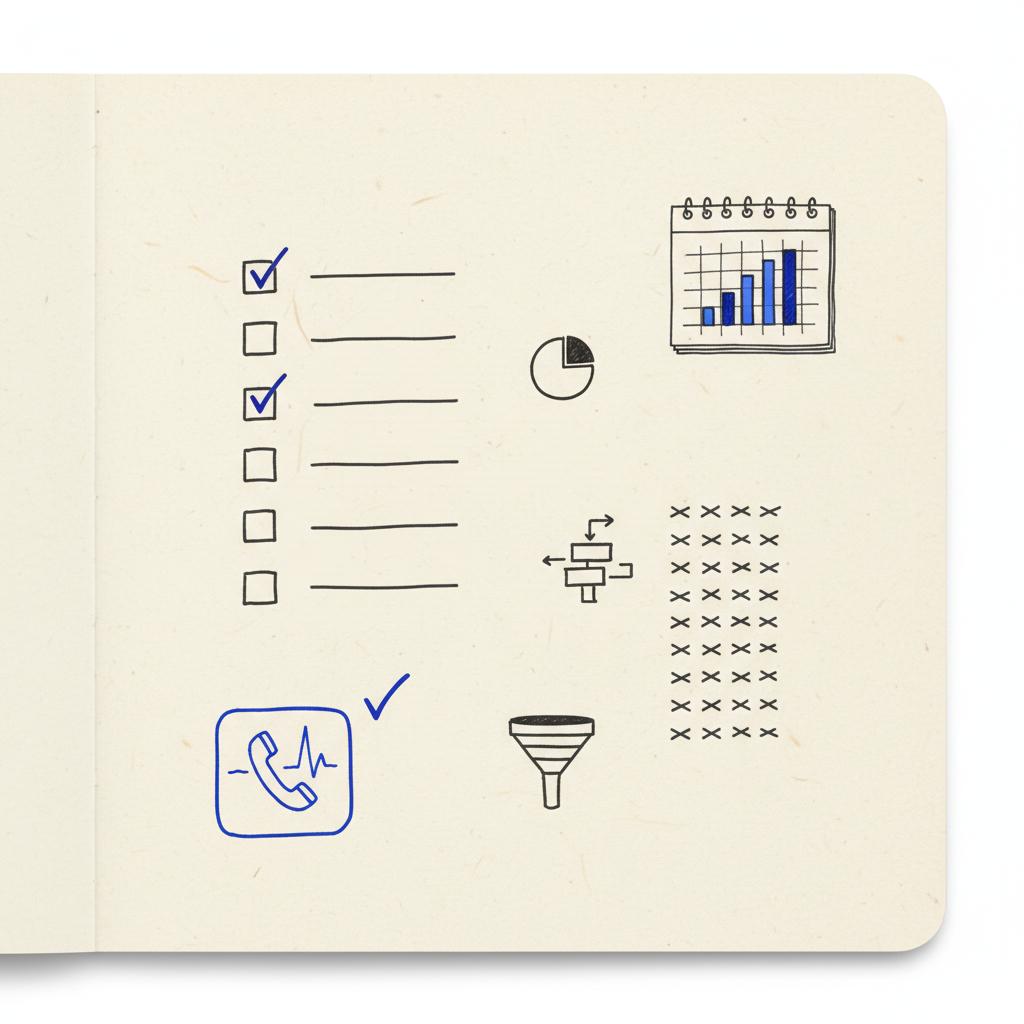 Notebook-style sketch of a contractor's campaign checklist with call-tracking icon, negative keywords list, and seasonal calendar spikes &mdash; google ads contractors