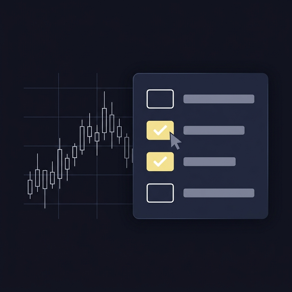 Minimal 2D vector checklist overlay on a trading dashboard showing pre trade metrics with checkboxes and a cursor indicating When to Reduce Position Size