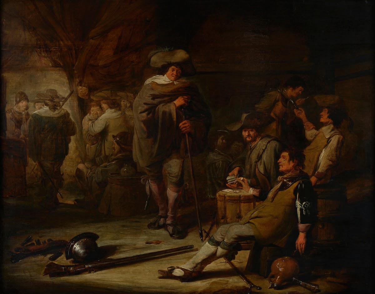 Interieur met drinkende soldaten bij kaartspel