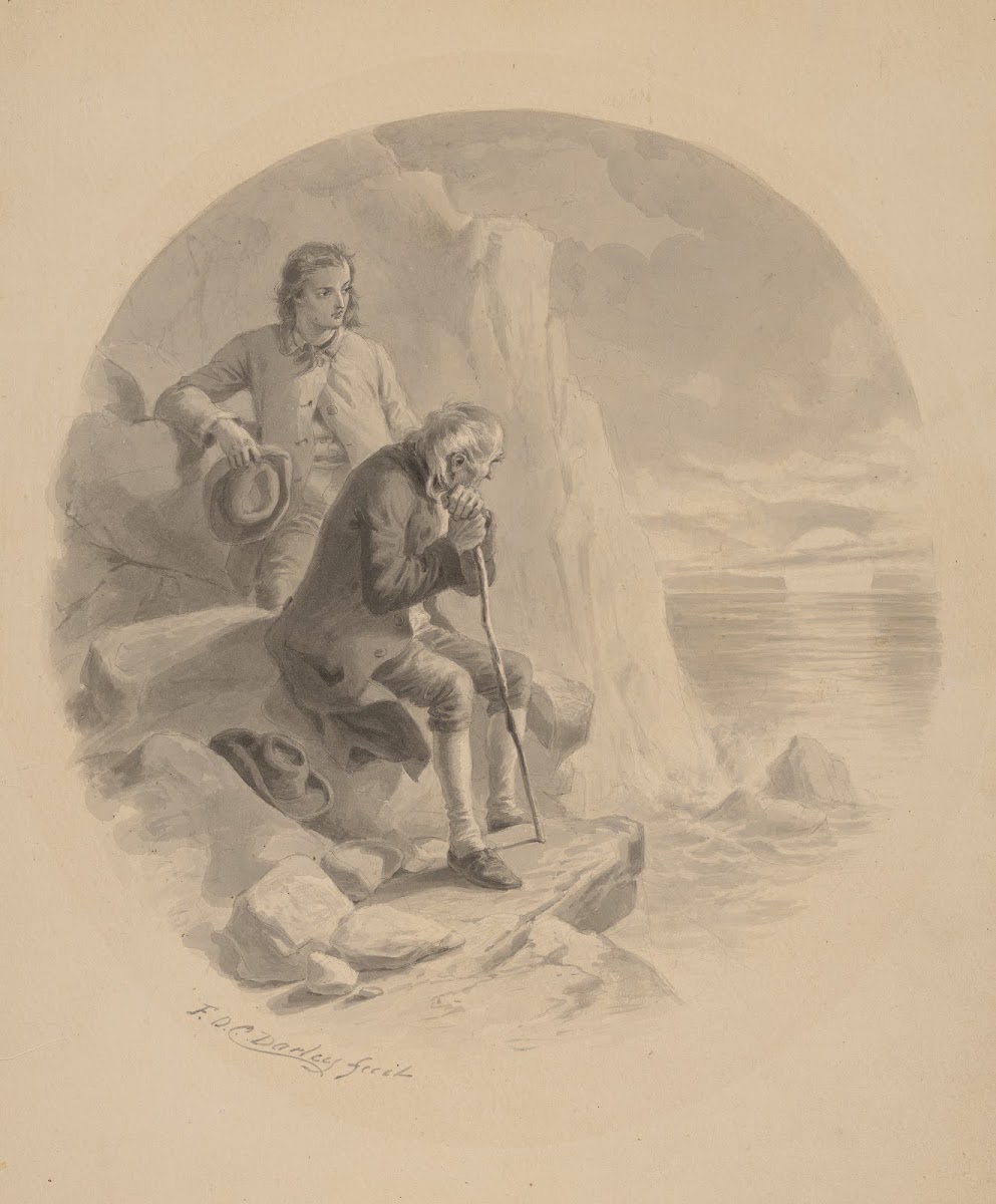 Elderly man and a youth watching the sun set over the sea
