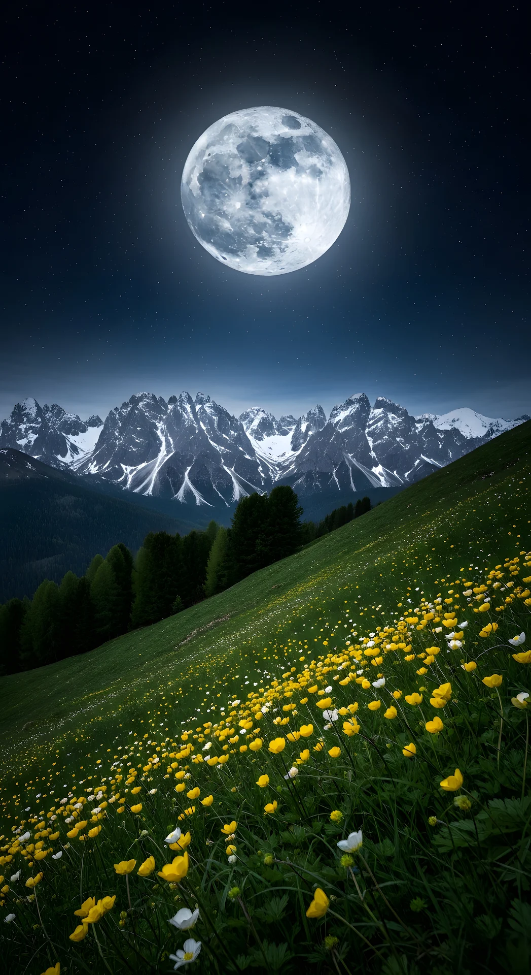 Dramatic Night Photo of Full Moon Over Flower Meadow and Starry Alpine Mountains - Free 4K mobile Wallpaper