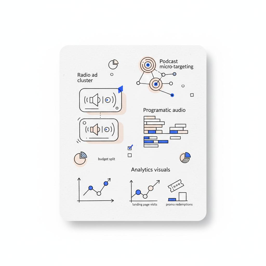 Minimal 2D vector strategy page showing radio ad sketches, podcast micro-targeting, programmatic audio charts, and analytics for landing page visits and promo redemptions