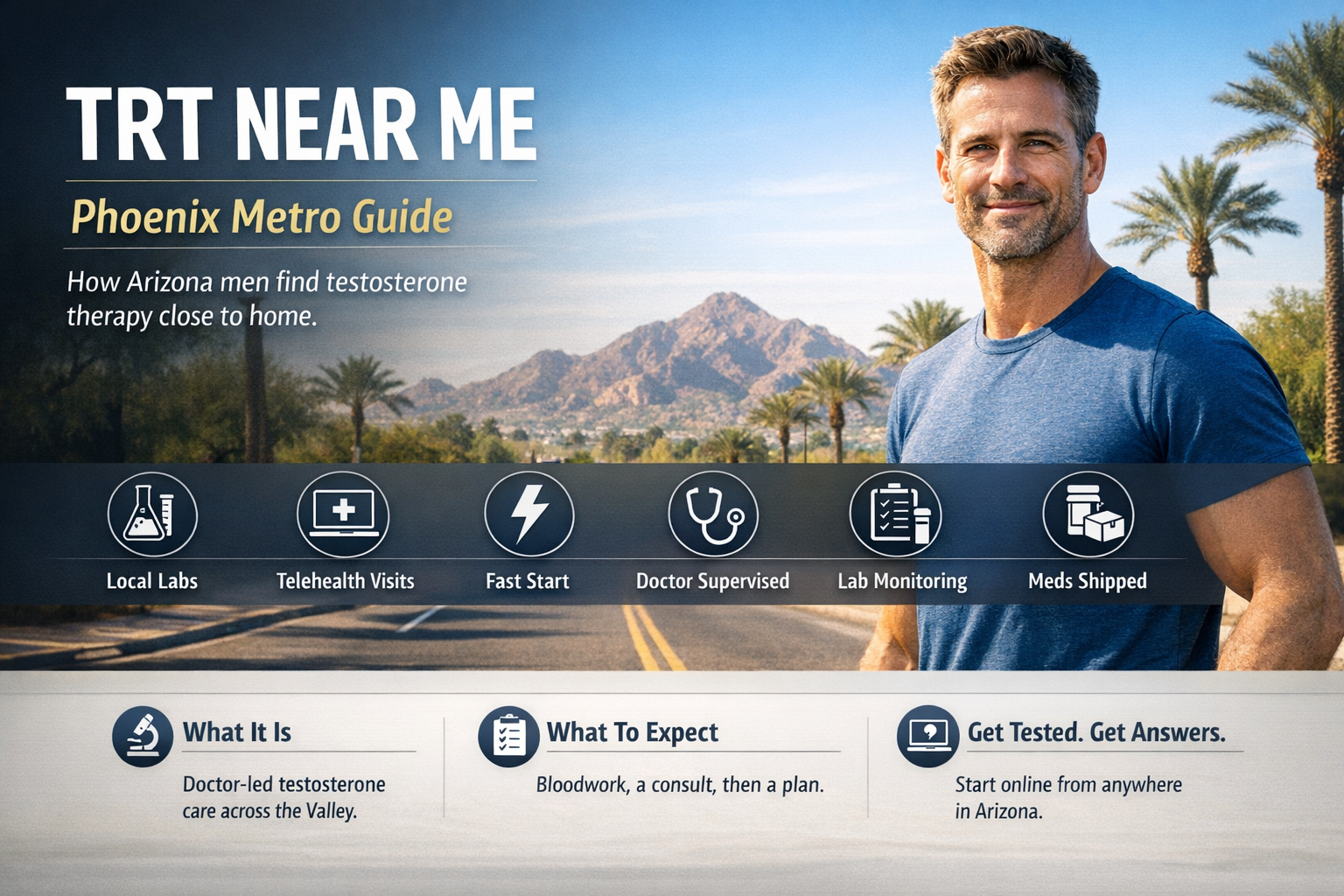 TRT Near Me: A Phoenix Metro Guide for Arizona Men — AZTRT Arizona TRT clinic blog cover showing a confident, healthy man on a sunny Phoenix desert street with a Phoenix metro TRT guide infographic