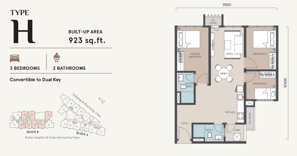 Alora Residence Type H floor plan — 923 sq ft, 3 bedrooms