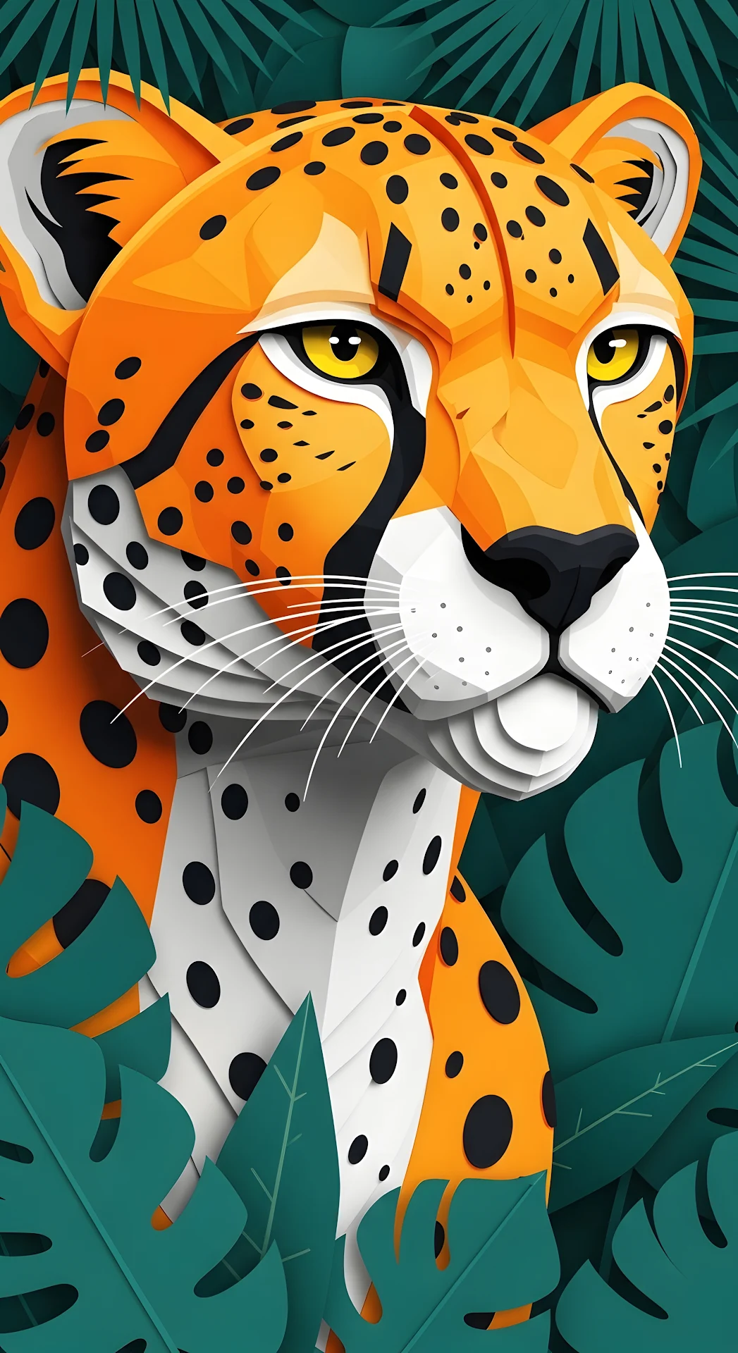 Vibrant Papercut Cheetah Portrait in Tropical Foliage - Free 4K mobile Wallpaper