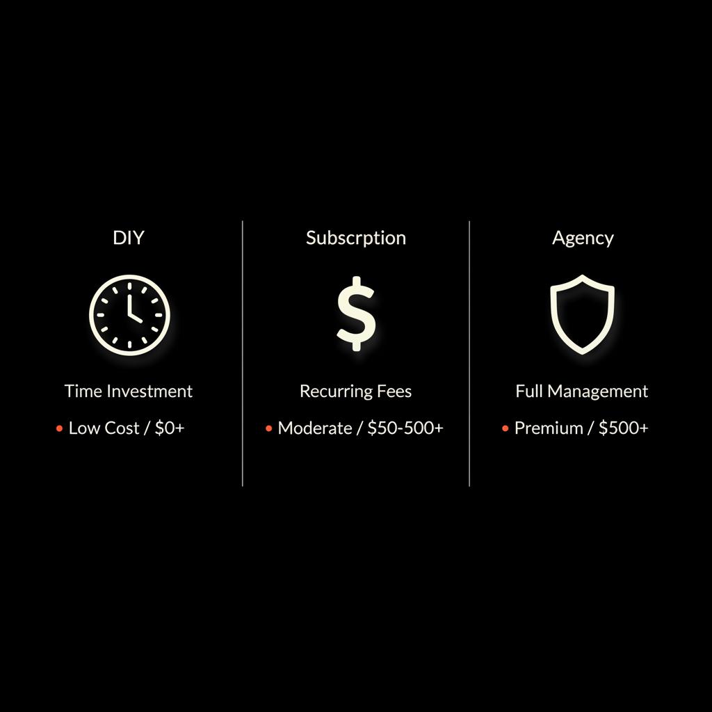 Minimal full-frame infographic comparing DIY, Subscription, and Agency with clock, dollar, shield icons on black background — blue tick cost Instagram.