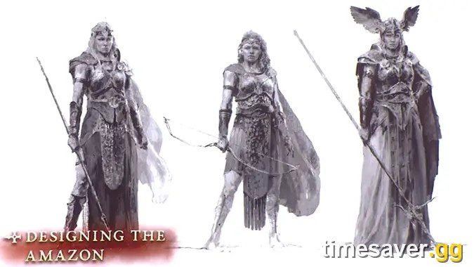 Diablo 4 Amazon class concept art from the Designing the Amazon panel showing bow and javelin archetype designs