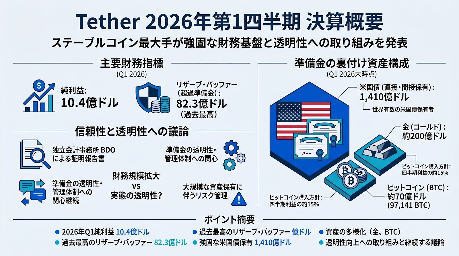 Tetherが2026年第1四半期の決算を発表、純利益10.4億ドルを記録