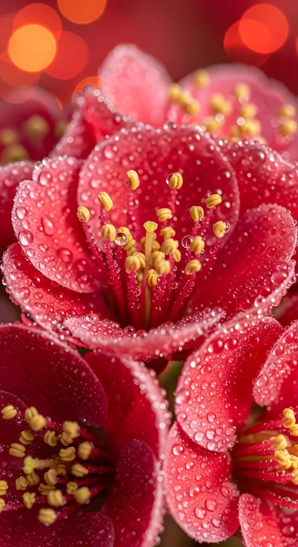 Macro Red Flowers Water Droplets Bokeh Background