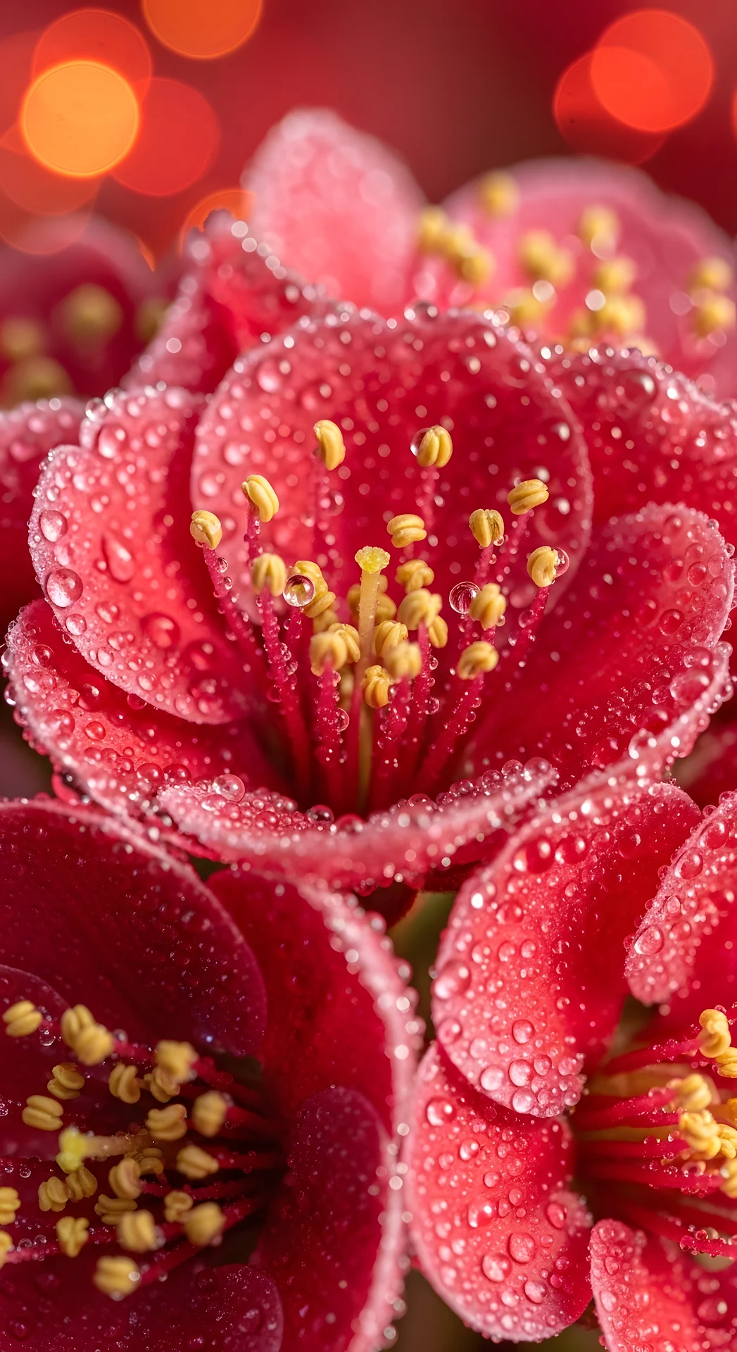 Macro Red Flowers Water Droplets Bokeh Background - Free 4K mobile Wallpaper
