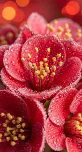 Macro Red Flowers Water Droplets Bokeh Background