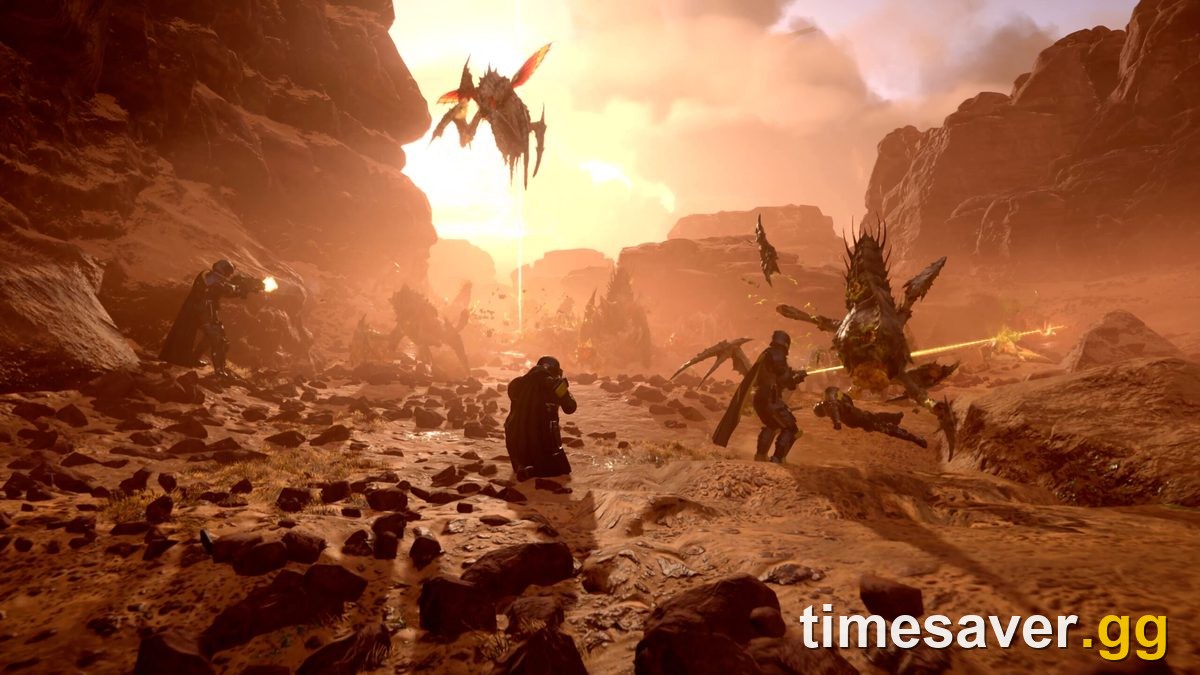 Three Helldivers fighting flying Terminids together in a canyon in Helldivers 2