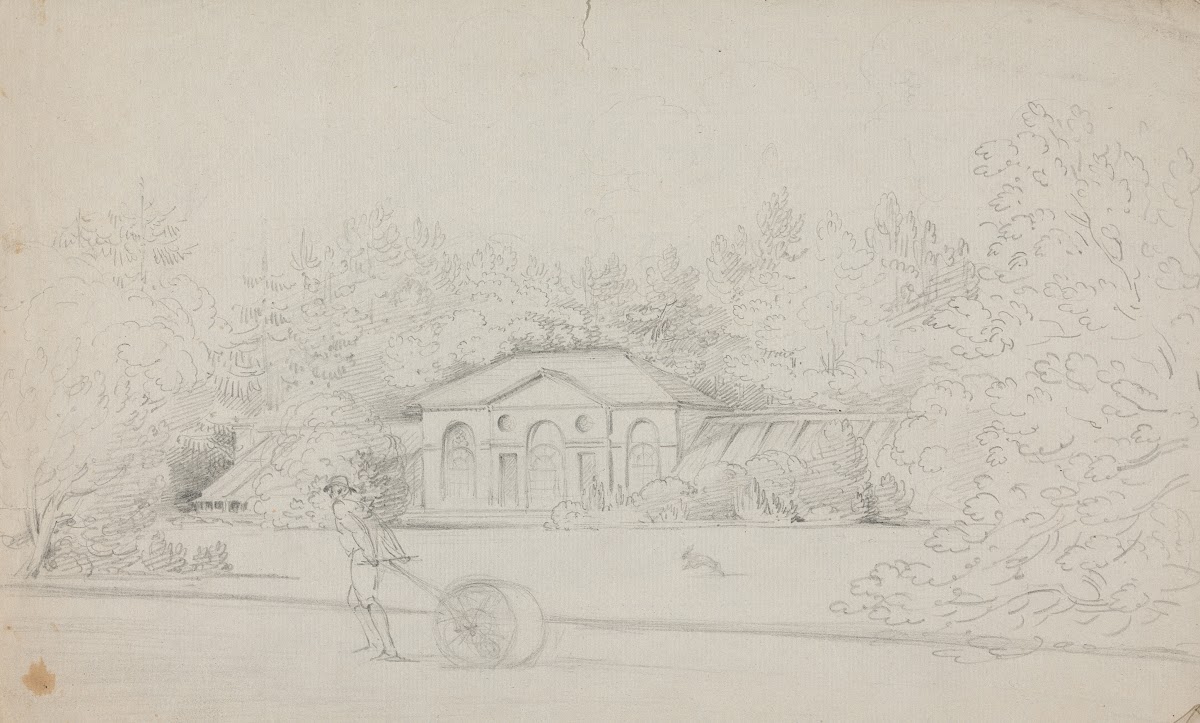 Study of a Cottage and a Man Rolling the Lawn