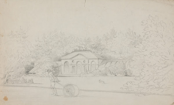 Study of a Cottage and a Man Rolling the Lawn