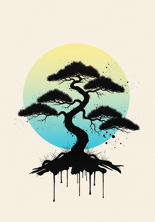 Sumi-e Pine Tree Sunset