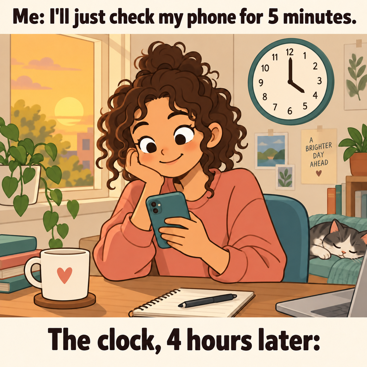 Cartoon of a person checking their phone at noon with the caption "Me: I'll just check my phone for 5 minutes" and "The clock, 4 hours later:"