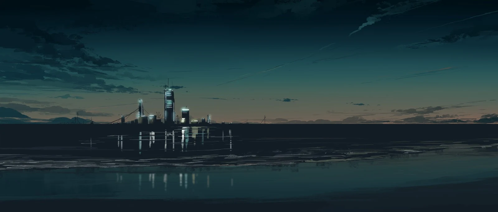 Cityscape, Night, Ocean, Digital Art 4K Wallpaper Background (5640x2400)