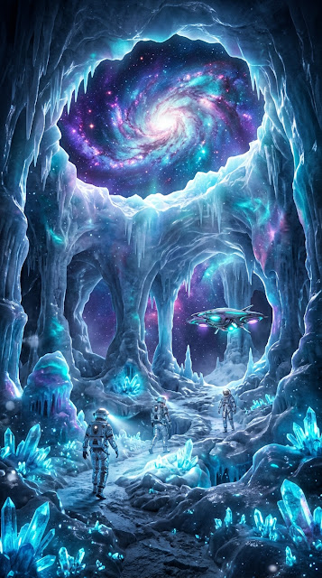 Surreal Ice Cavern with Astronauts and Galaxy Ceiling Opening - Free mobile Wallpaper