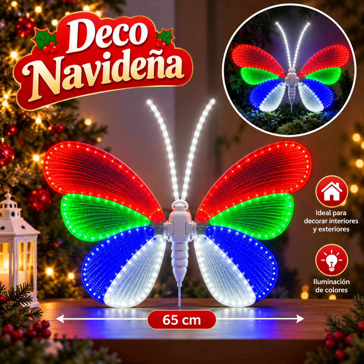 Mariposa luminosa LED multicolor con varilla 60 cm