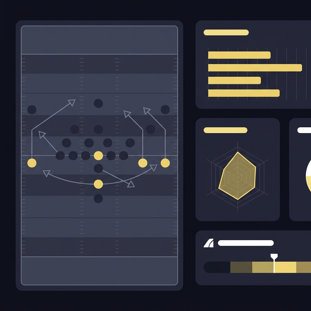 Minimalist 2D vector split image of a coach playbook schematic on the left and a clean dashboard on the right showing team ratings and schedule strength visualizations for nfl football schedule and odds