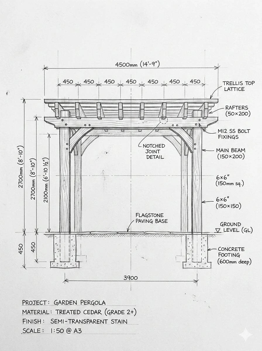 Plano de pérgola dibujado a mano