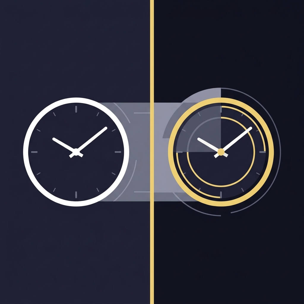 Minimalist 2D vector split frame for an nba betting guide showing two stylized analog clocks representing regulation time and overtime settlement differences on a dark background