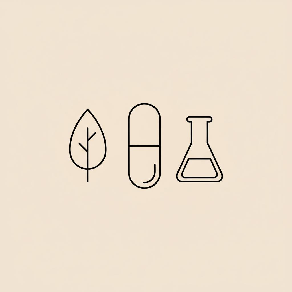 Tonum-style minimalist vector line illustration of a capsule, leaf, and lab beaker on beige background representing berberine to lower A1C