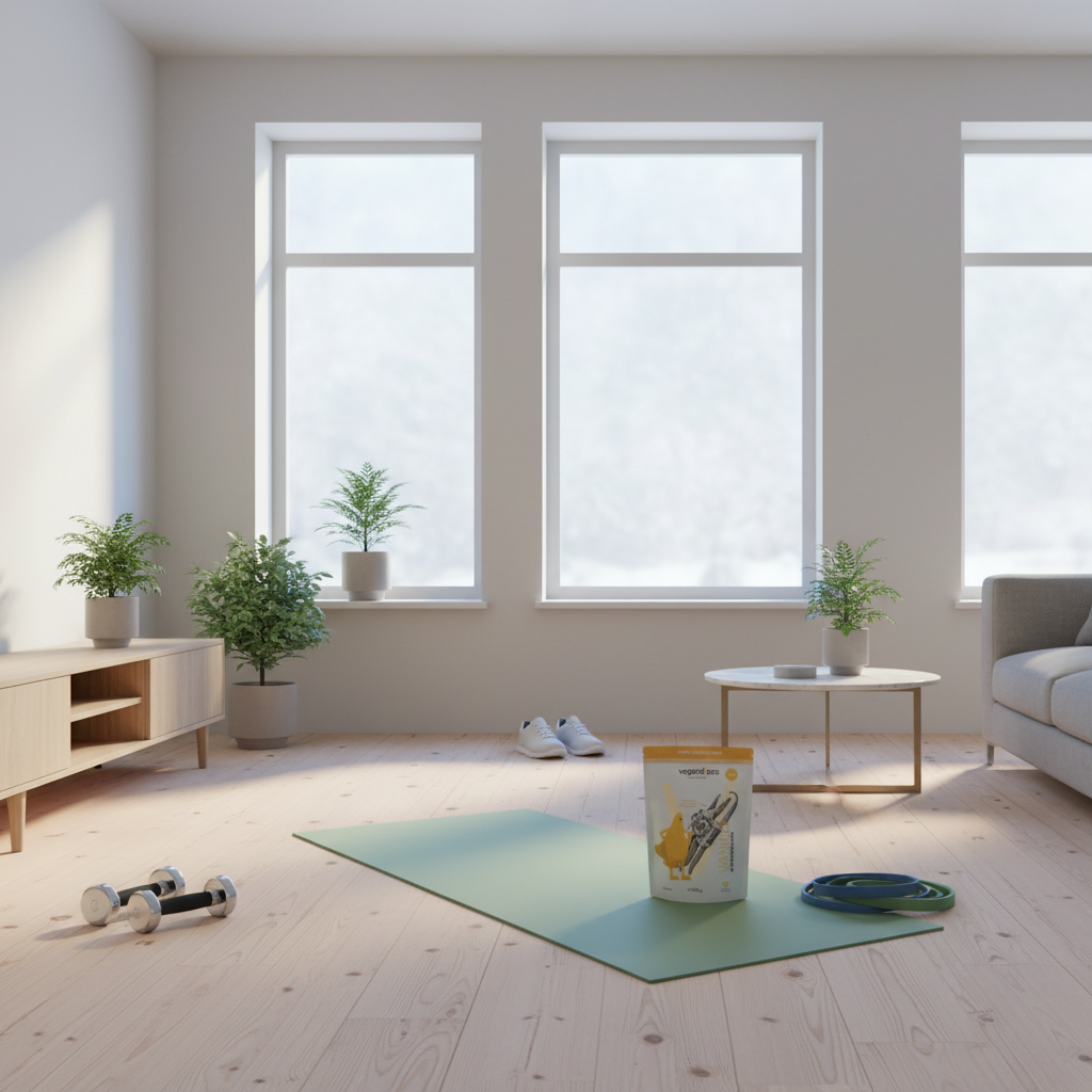 Minimalistisches Wohnzimmer-Workout mit Yogamatte, Kurzhanteln und Vegardians-Produkt – ideal für Muskelaufbau Fußball Übungen in heimischer Umgebung.