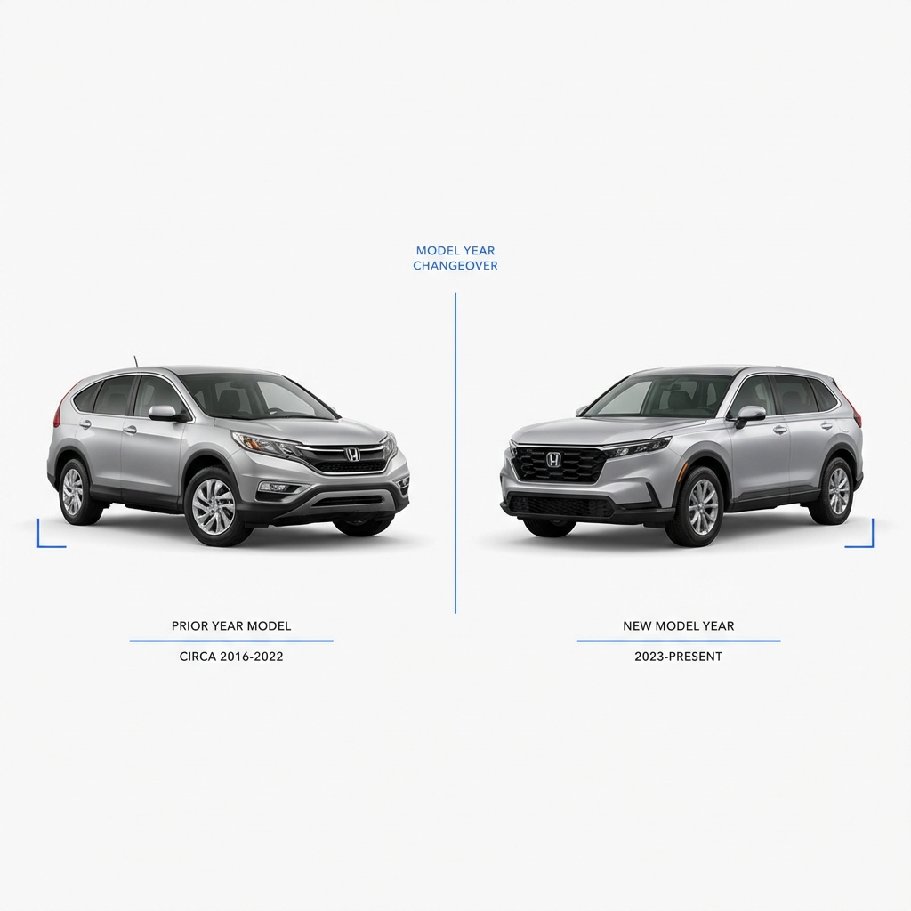 Side by side full frame comparison of prior year and new model honda cr v for sale near me showing model year changeover timing on clean white background with subtle blue accents