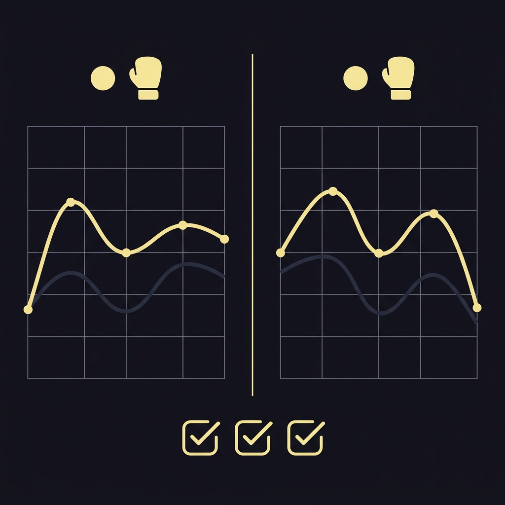 Split screen vector infographic comparing two fighters with per minute pace charts and a small feature engineering checklist in Funded Plays palette Using Fight Pace in MMA Projections
