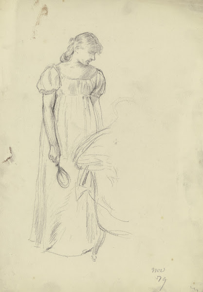 Stehende am Stuhl aus der Vorbereitung zum Kostümball 1879