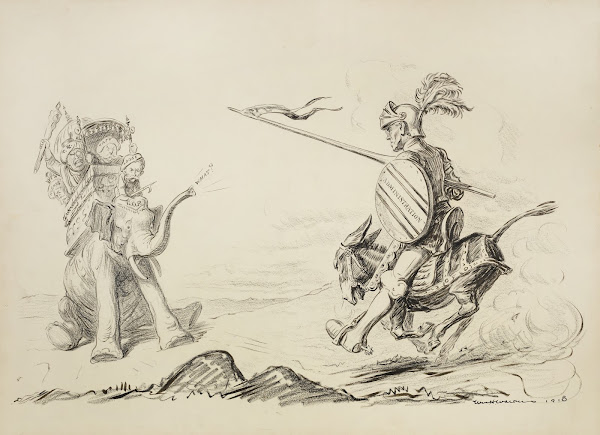 Woodrow Wilson as a knight fiercely charges on the Democratic Party donkey towar