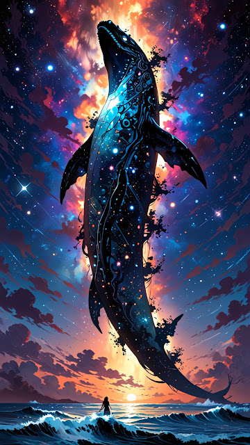 Cosmic whale soars above ocean at sunset with starry sky - Free mobile Wallpaper