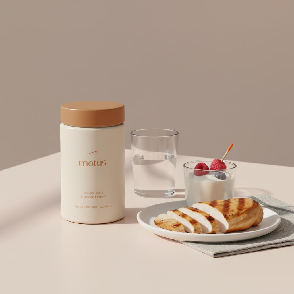Tonum Motus supplement container beside grilled chicken, Greek yogurt with berries and water illustrating best natural appetite suppressants for weight loss and increased energy.