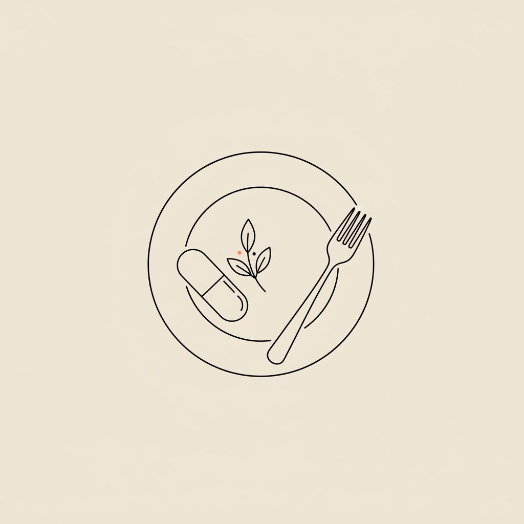 Minimalist line illustration of a plate, fork, capsule, and sprig on beige background representing best meal replacements for weight loss