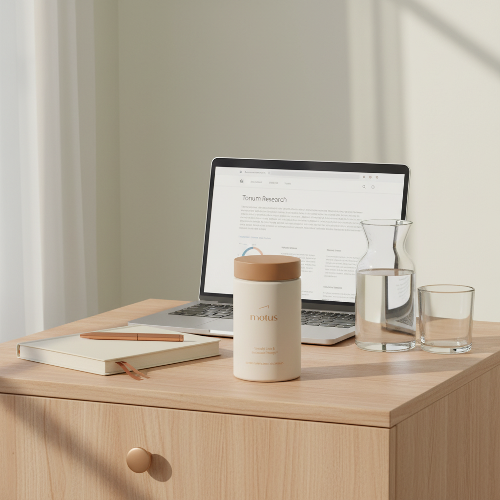 Tonum Motus bottle on wooden bedside table beside a wellness journal, open laptop displaying Tonum research page and a water carafe — green tea extract weight loss timeline