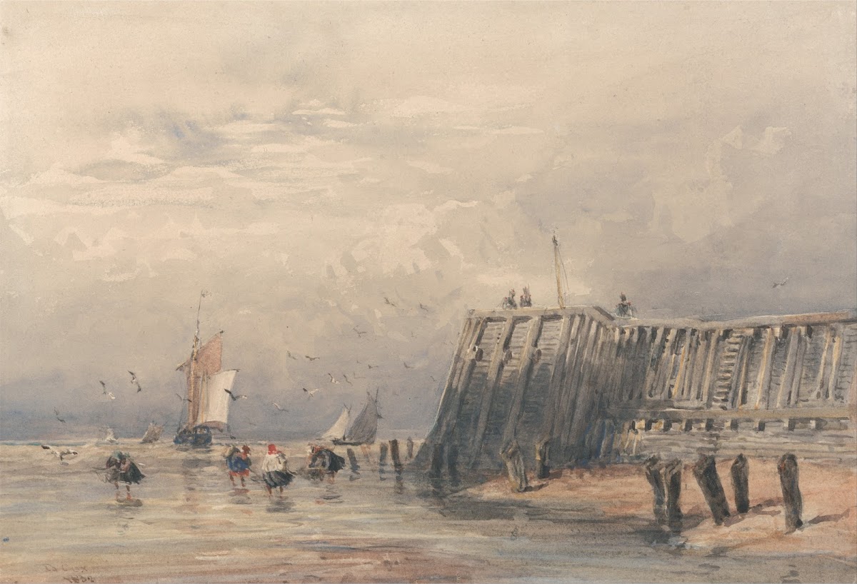 Sailing Barges and Shrimpers off a Pier 1832