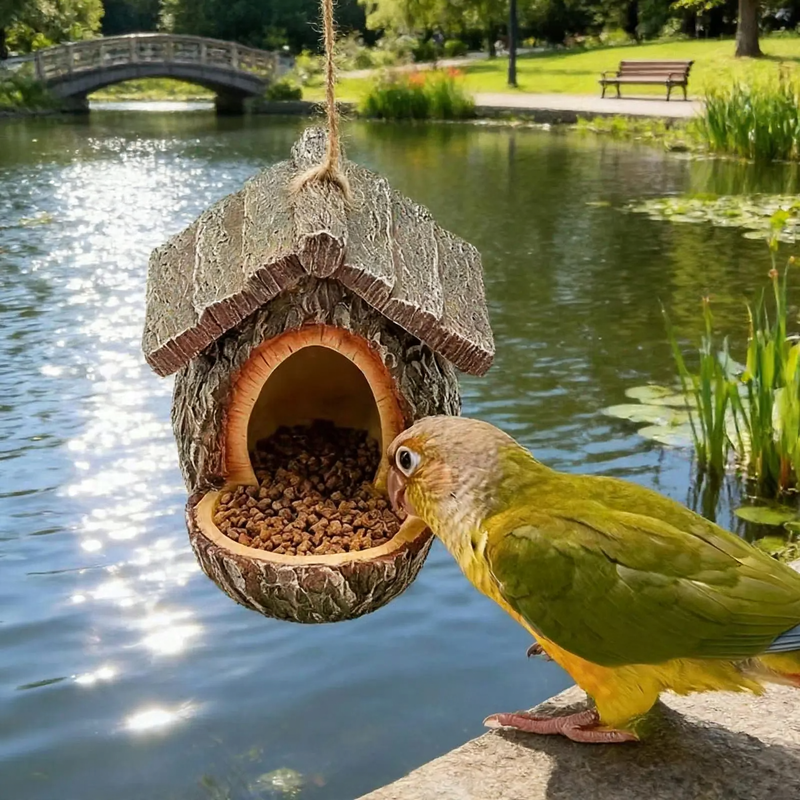 Dekoratives Vogelhaus in Baumstumpf-Optik aus Harz