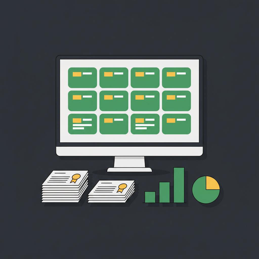 Minimalist 2D vector of a desk with monitor showing colored ETF tiles and printed municipal bond sheets representing how to invest in bonds for beginners