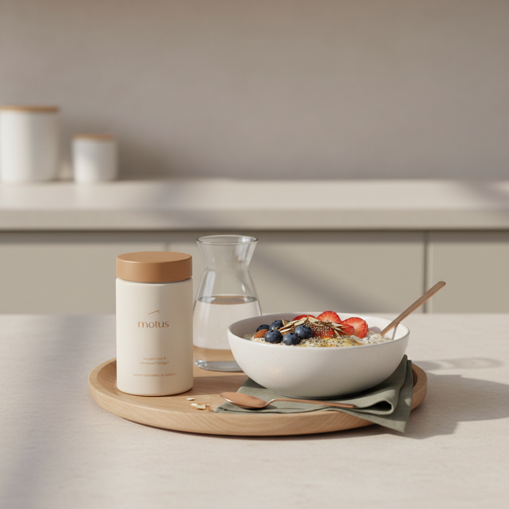 Do amino acids affect weight? Minimalist kitchen morning scene with Tonum Motus bottle on a wooden tray beside a protein-rich breakfast bowl and carafe of water in soft natural light.