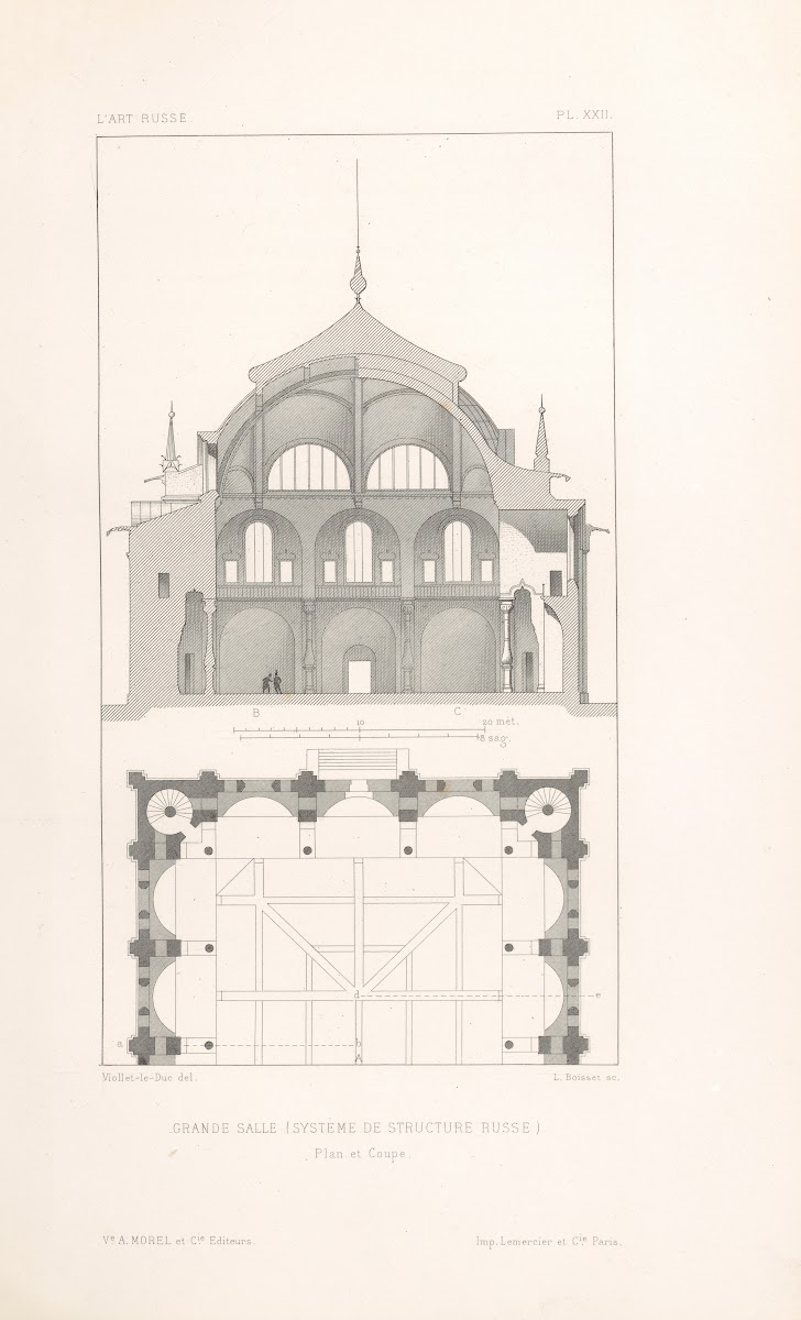 Grande salle système de structure russe  Plan et coupe 1877
