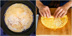 Trứng gà đập ra chén, đánh tan với chút muối. Đun nóng chảo dầu, đổ trứng vào chiên chín vàng cả hai mặt thì cẩn lấy trứng ra cuộn lại. Sau đó cắt trứng thành sợi. Cà rốt, bí ngòi gọt vỏ, rửa sạch, xắt sợi. Giữ nguyên chảo chiên trứng, thêm chút dầu, cho bí ngòi vào xào cho chín khoảng 2 phút thì vớt ra. Sau đó cho cà rốt vào chín với chút muối.
