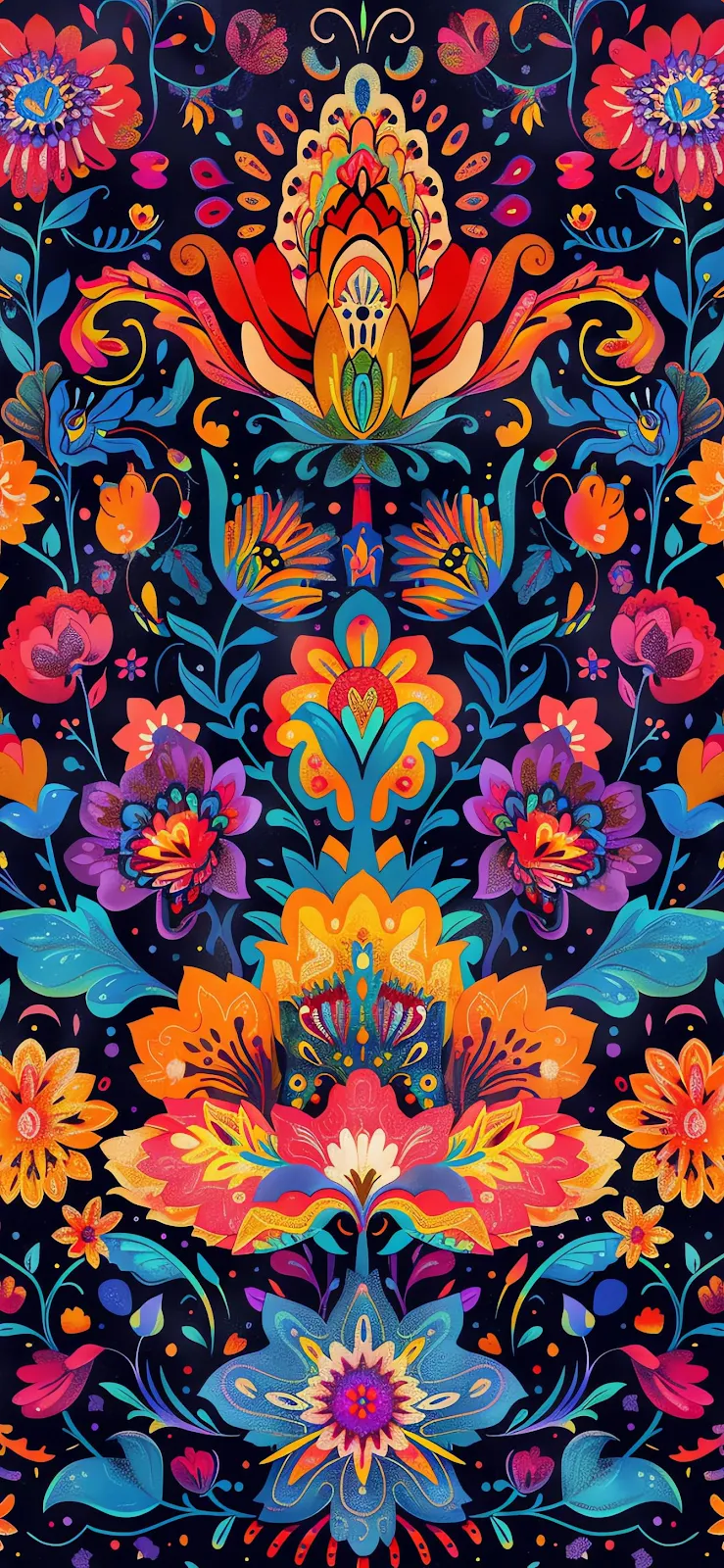 Vibrant Folk Floral Pattern - Folk Art Illustration Full HD iPhone Wallpaper (1344x2911)
