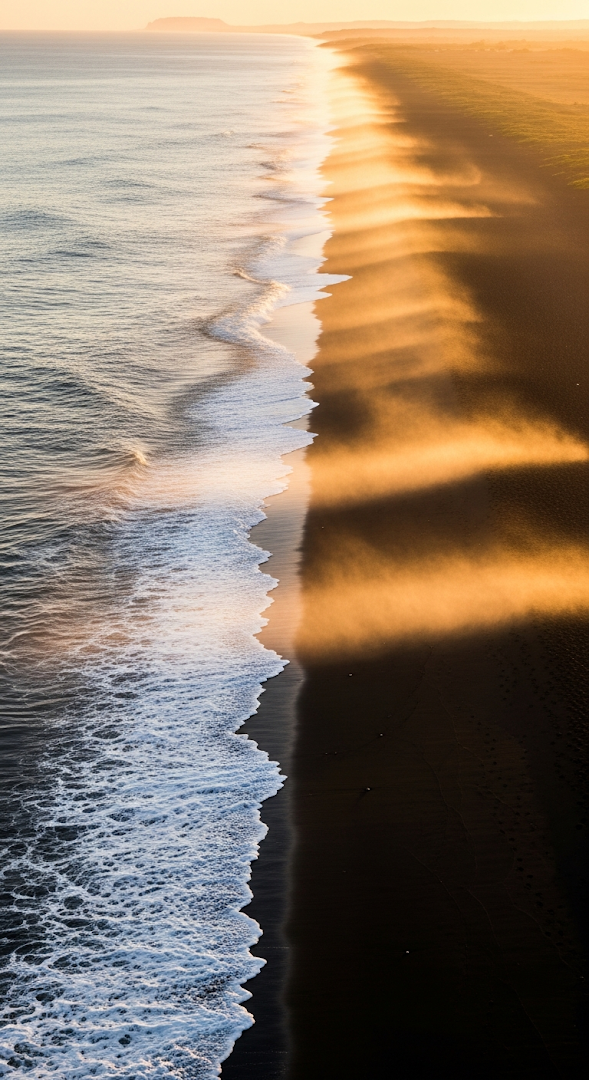 High Angle Vertical View of Waves on a Black Sand Beach with Low, Warm Sea Fog at Sunset
