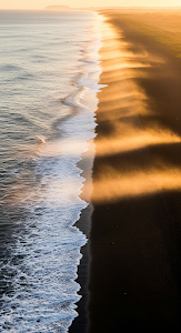 High Angle Vertical View of Waves on a Black Sand Beach with Low, Warm Sea Fog at Sunset