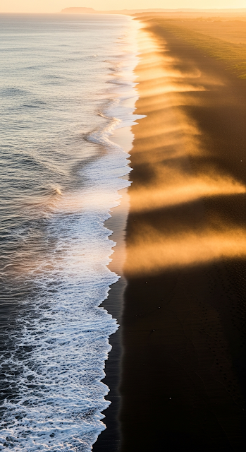 High Angle Vertical View of Waves on a Black Sand Beach with Low, Warm Sea Fog at Sunset - Free mobile Wallpaper