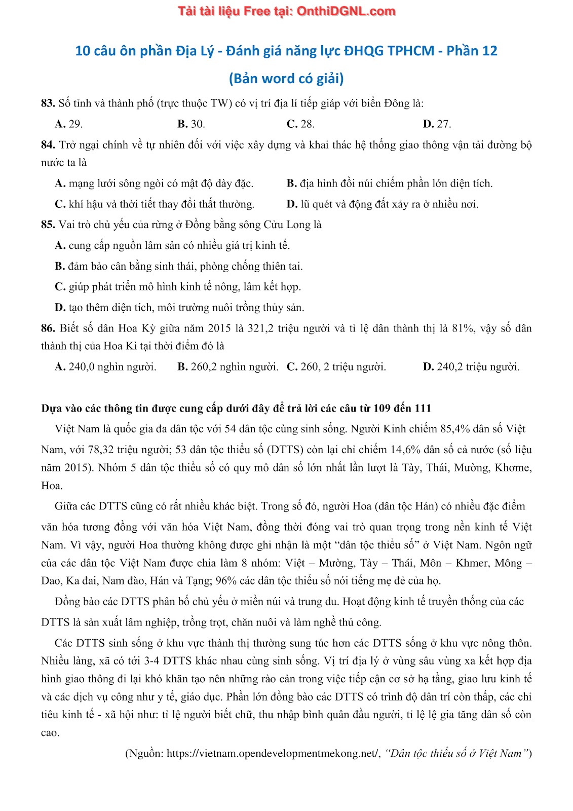 250 bài tập môn Địa Lý - Ôn thi ĐGNL ĐHQG TP HCM Phần 12