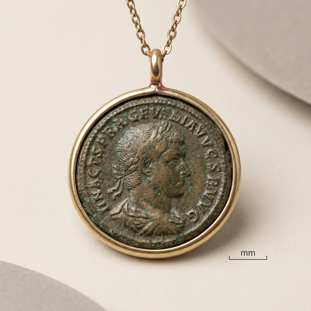 Close up of roman coin jewelry bezel set into a delicate brass necklace showing patina and a small millimeter scale bar indicating size and condition