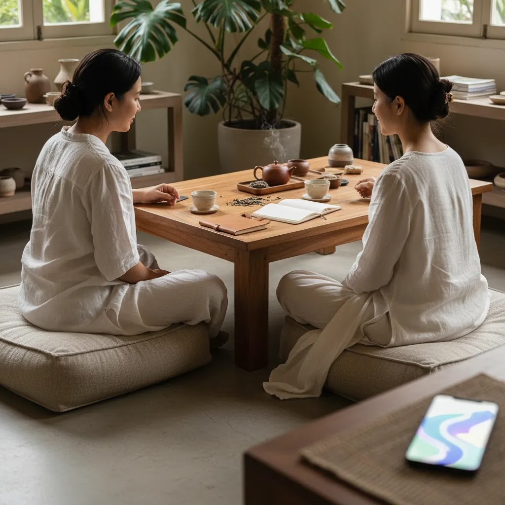 Mindfulness coach Singapore session in a calm studio with supportive coaching atmosphere and guided app-based mindfulness practice