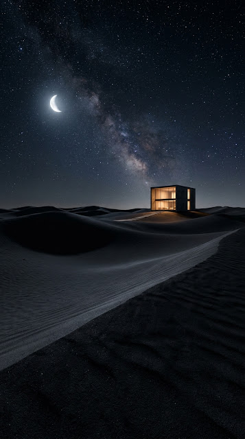 Midnight Desert Landscape with Modern Cube House Wallpaper - Free mobile Wallpaper